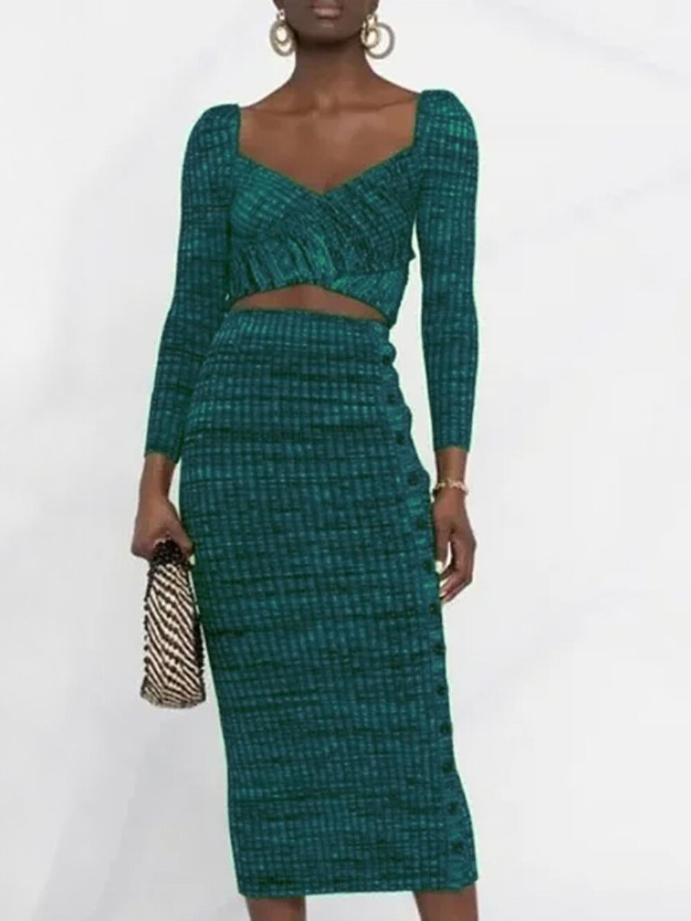 Self-Portrait Green Black Ribbed Crossover Top & Midi Skirt Size M